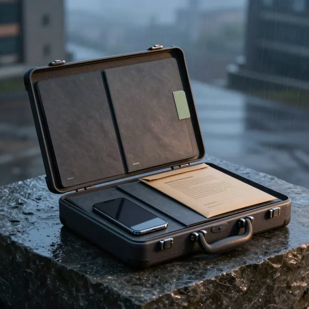 Charcoal audit case with folders, mailer, and dark phone on wet stone under blue-hour light.