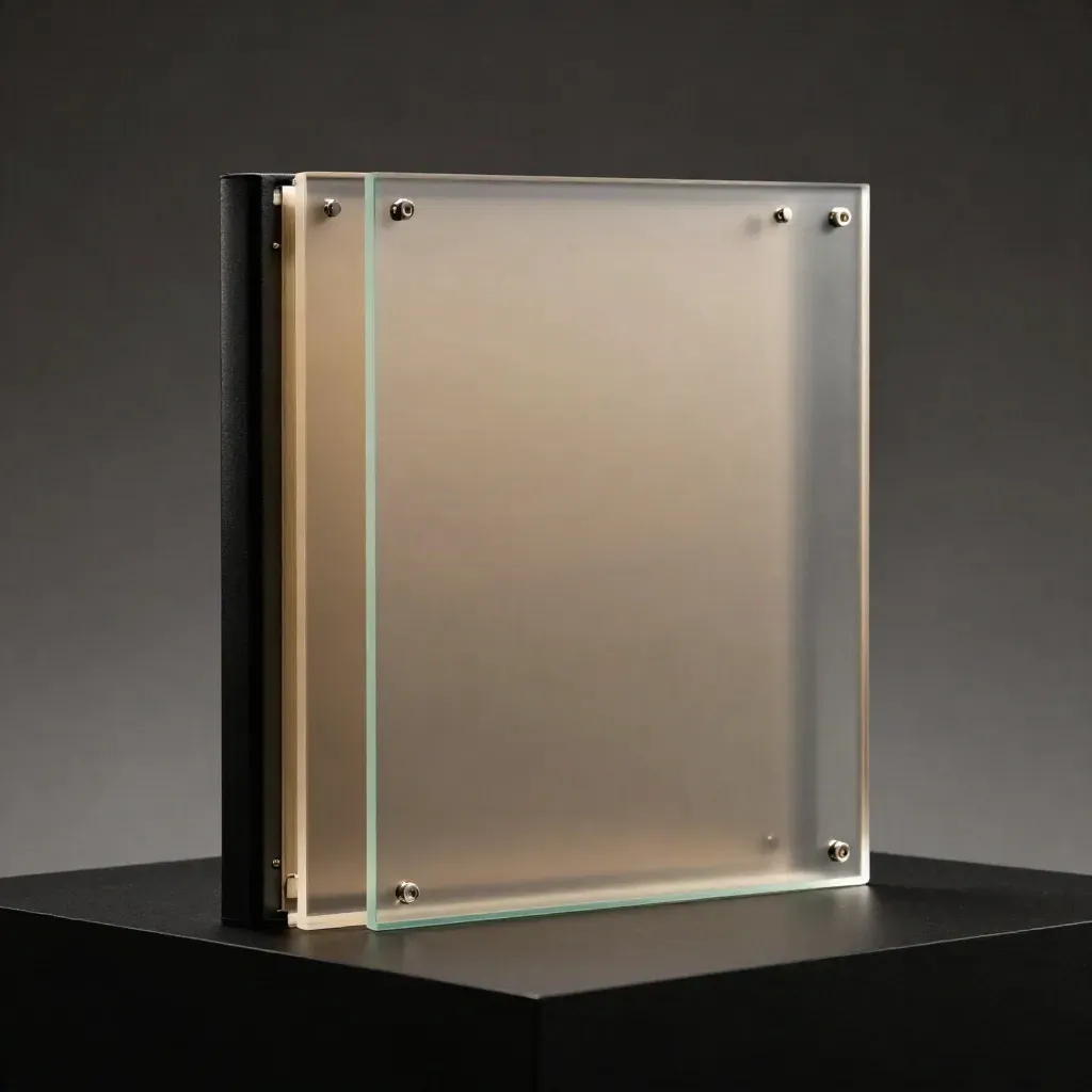 Translucent review panels stacked with a black binder edge on a dark studio surface, lit with teal rim light.