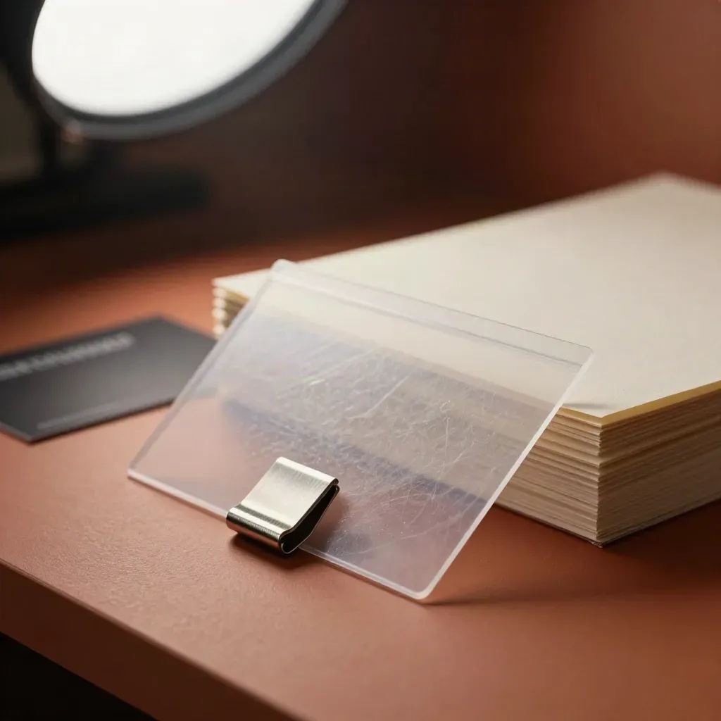 Clear sleeve with inserts and metal clip on terracotta plaster, lit diagonally in an archive nook.